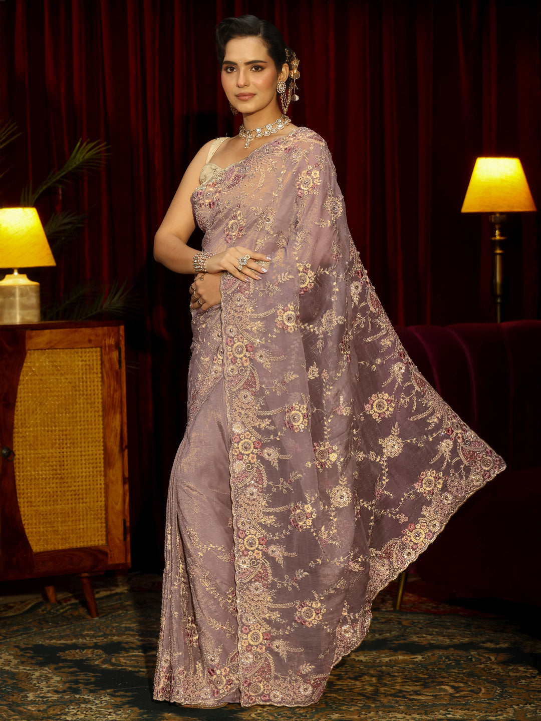 Libas Art Lavender Floral Embroidered Tissue Saree