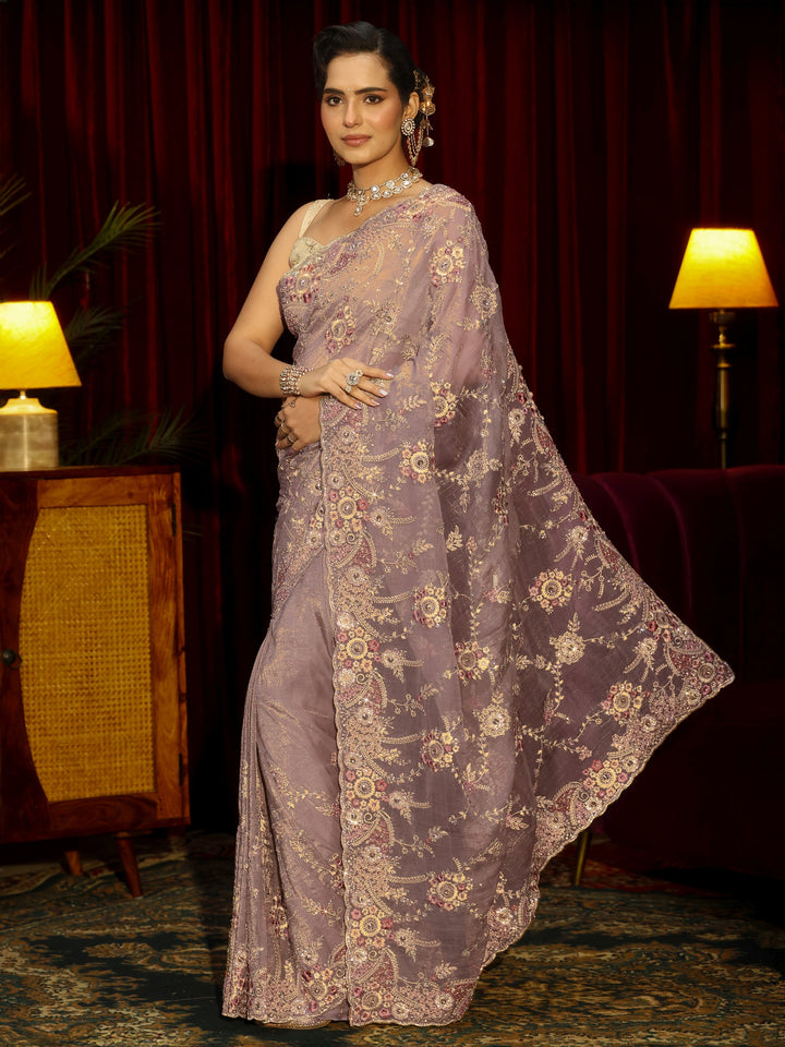 Libas Art Lavender Floral Embroidered Tissue Saree