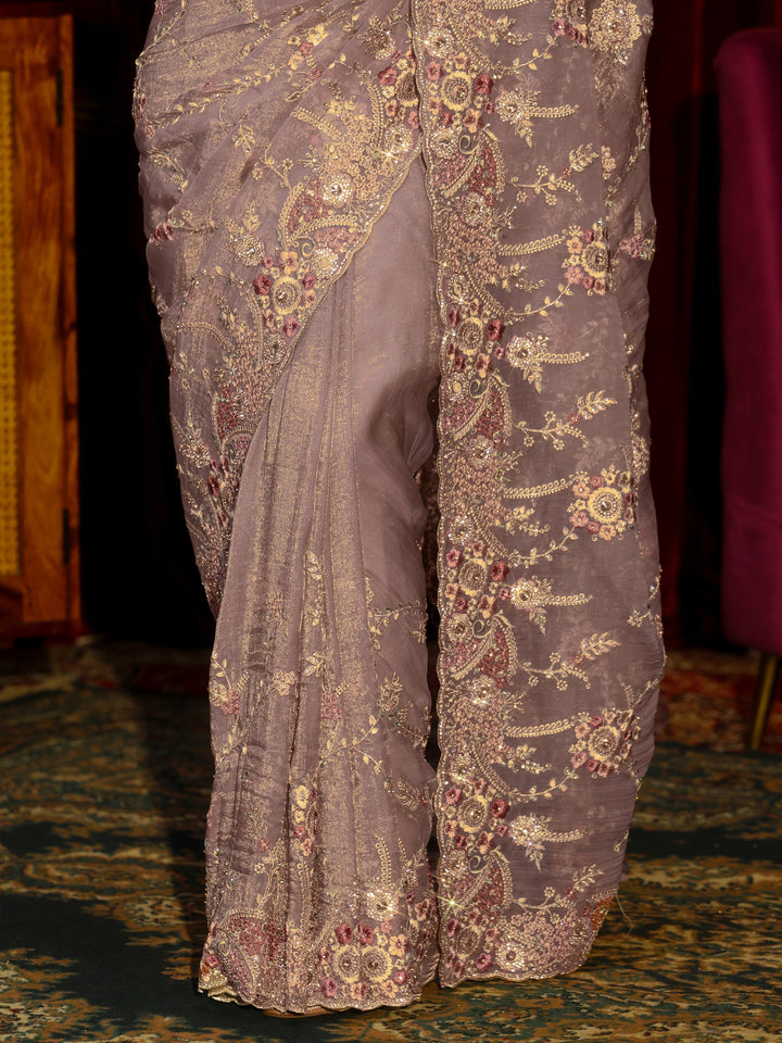Libas Art Lavender Floral Embroidered Tissue Saree