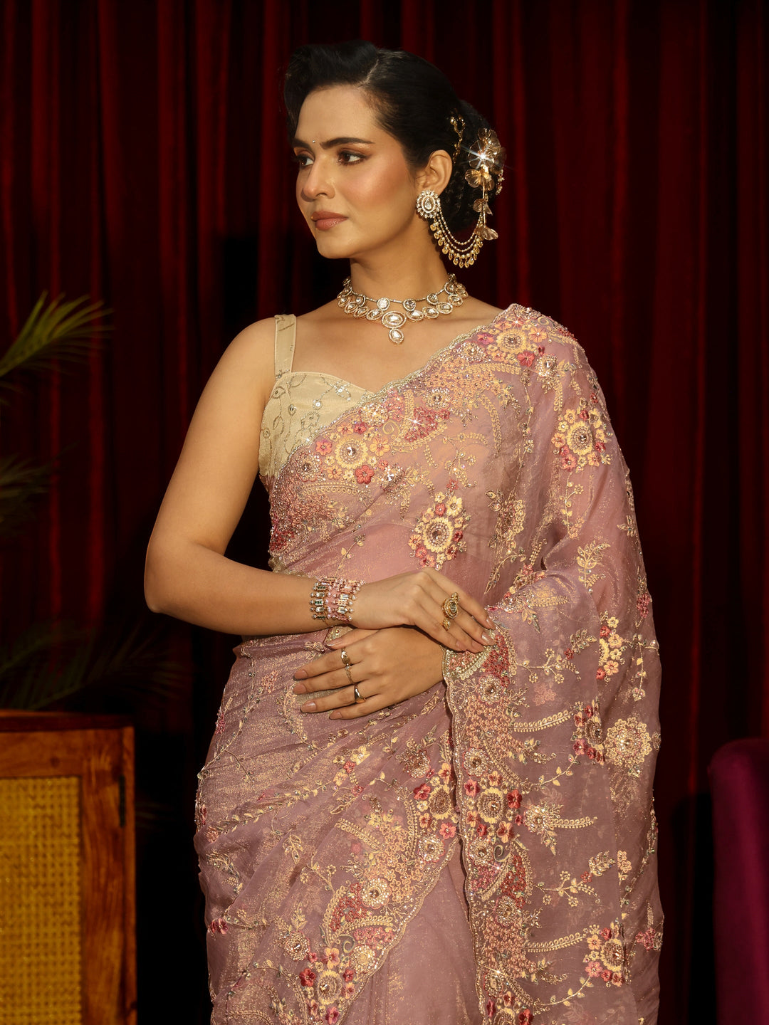Libas Art Lavender Floral Embroidered Tissue Saree