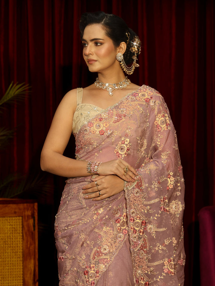 Libas Art Lavender Floral Embroidered Tissue Saree