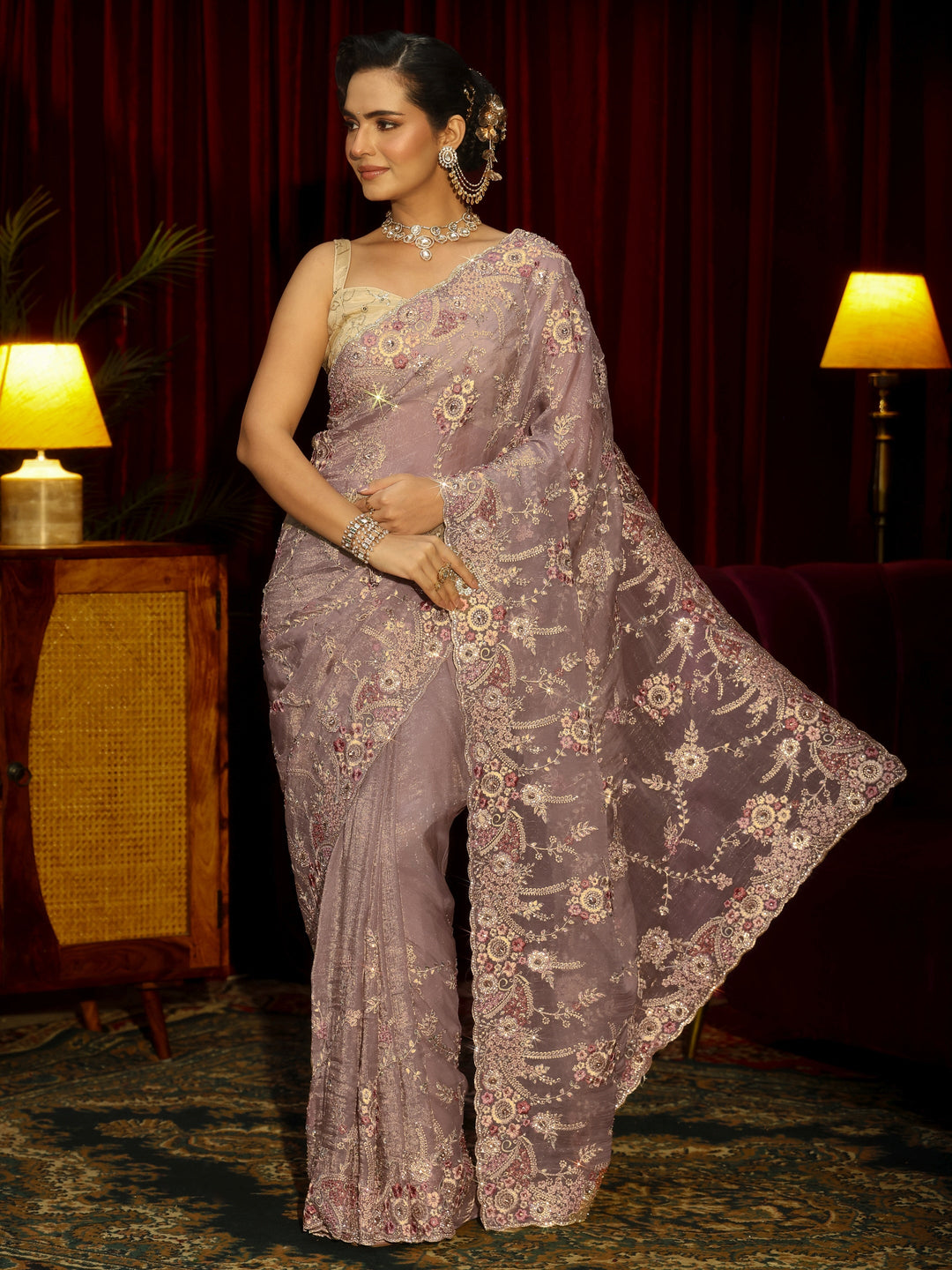 Libas Art Lavender Floral Embroidered Tissue Saree