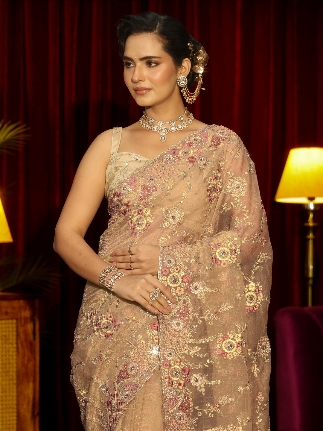 Libas Art Golden Floral Embroidered Tissue Saree