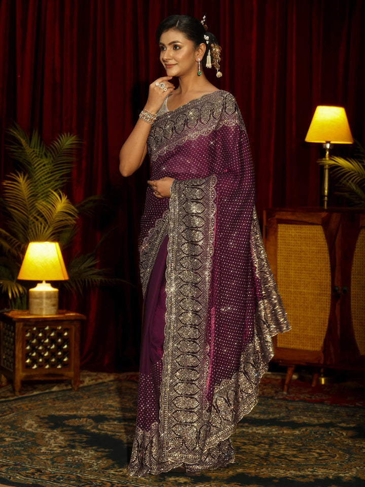 Libas Art Burgundy Embellished Tissue Saree
