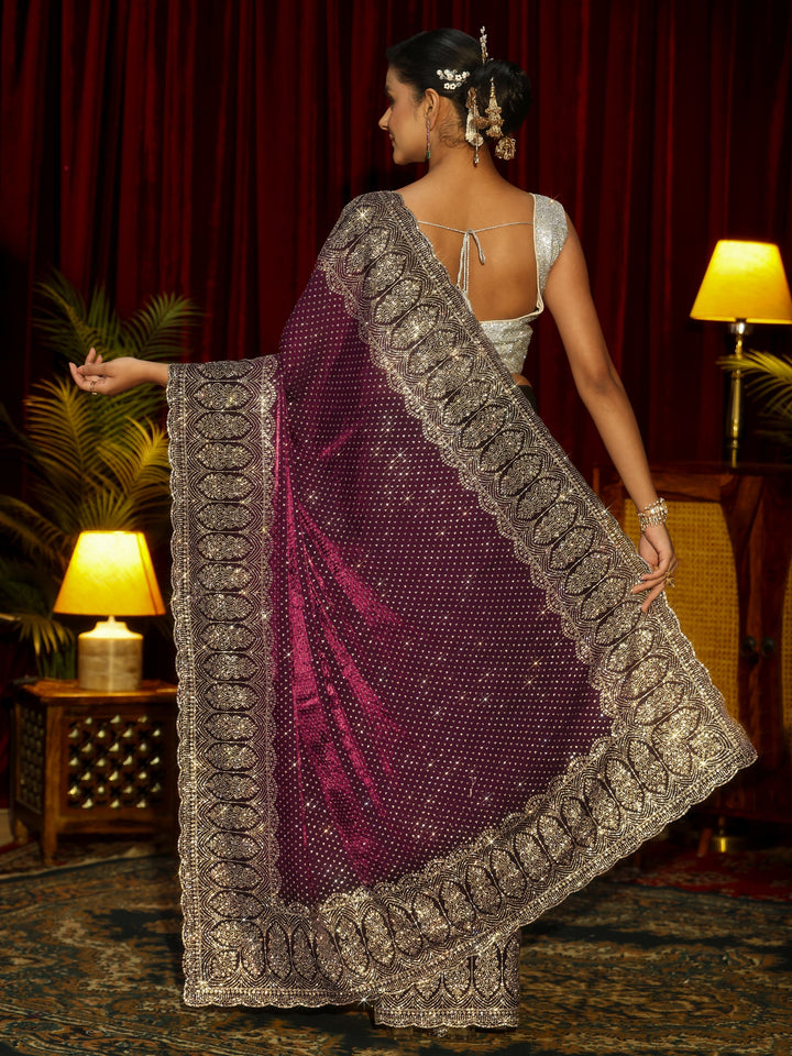 Libas Art Burgundy Embellished Tissue Saree