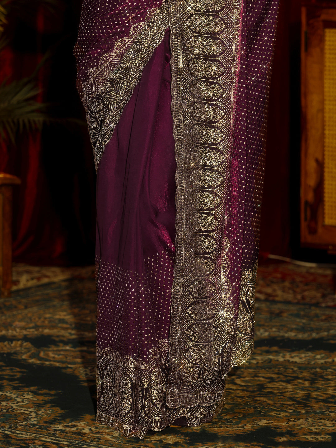 Libas Art Burgundy Embellished Tissue Saree