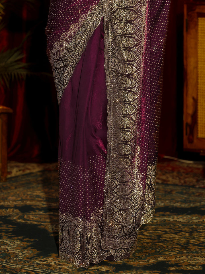Libas Art Burgundy Embellished Tissue Saree
