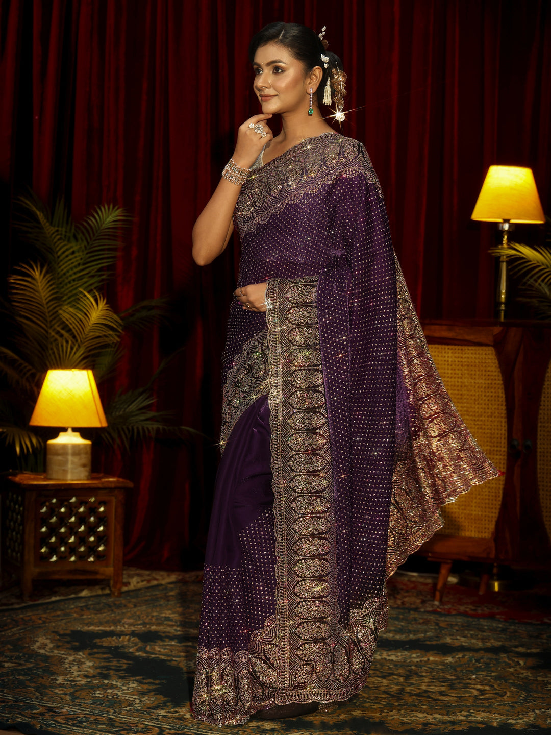 Libas Art Aubergine Purple Embellished Tissue Saree