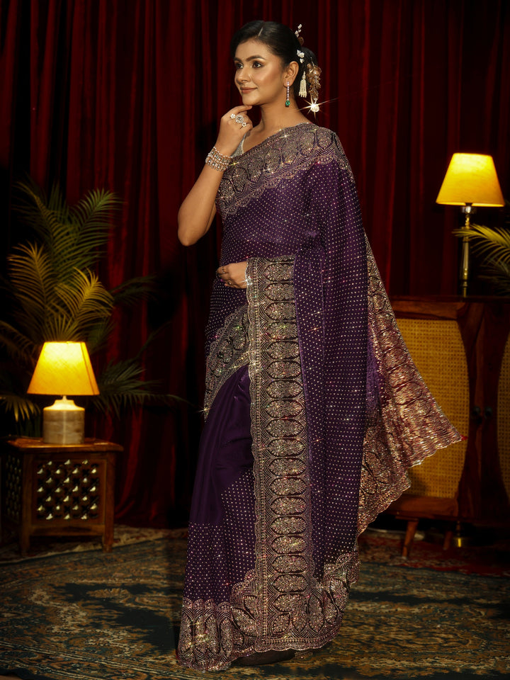 Libas Art Aubergine Purple Embellished Tissue Saree