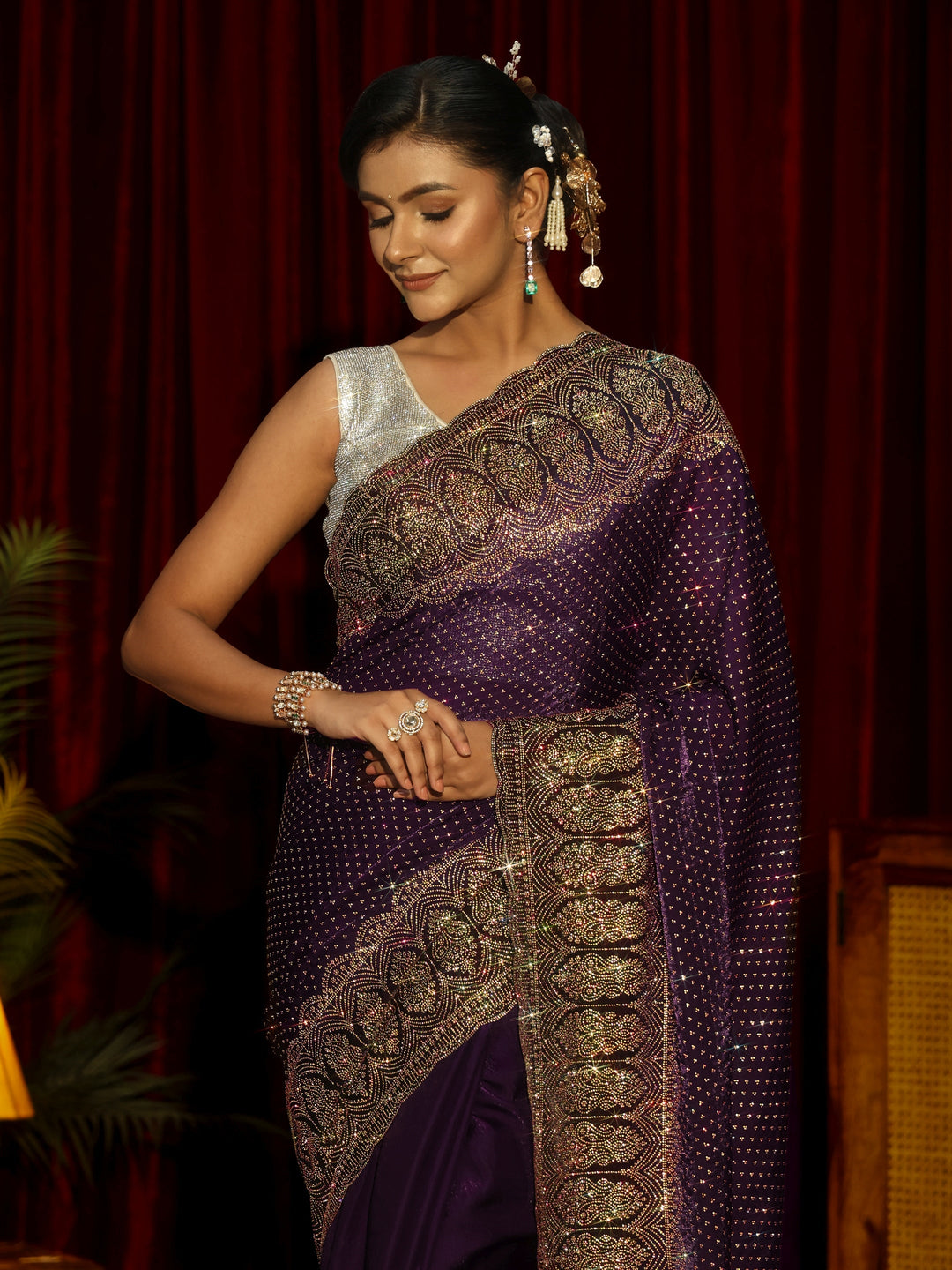 Libas Art Aubergine Purple Embellished Tissue Saree