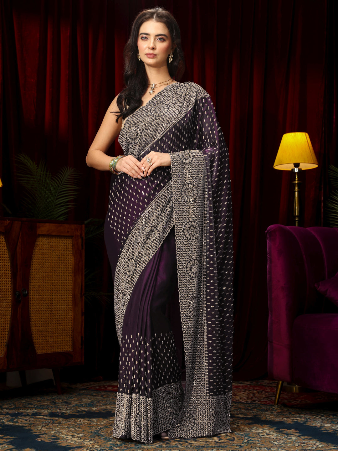 Libas Art Purple Stone Work Embellished Tissue Saree