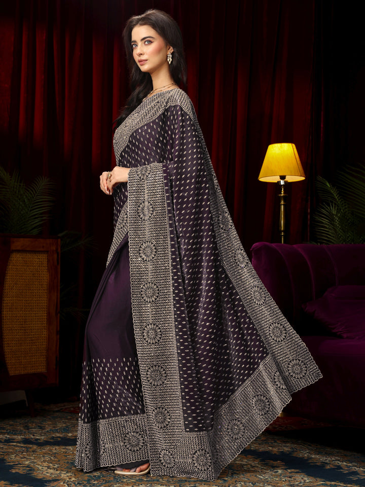 Libas Art Purple Stone Work Embellished Tissue Saree