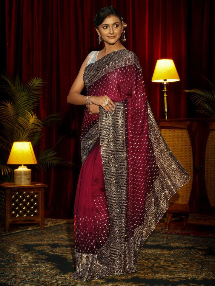 Libas Art Maroon Embellished Tissue Saree