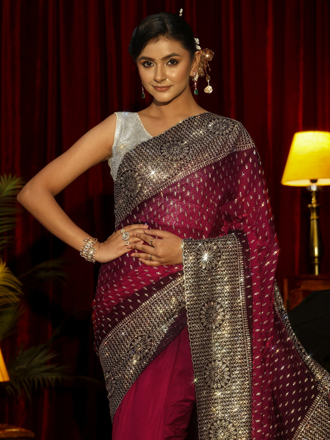 Libas Art Maroon Embellished Tissue Saree