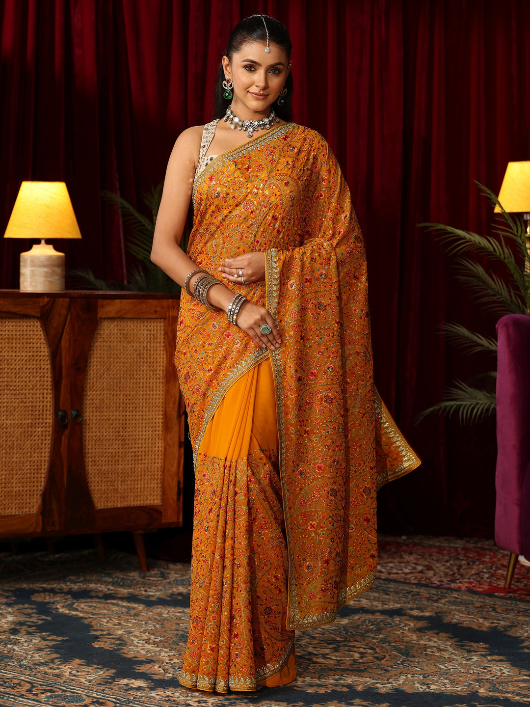 Libas Art Orange Paisley Embroidered Georgette Saree