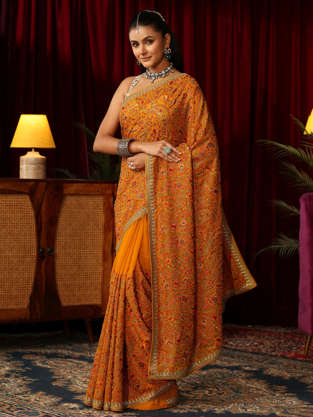 Libas Art Orange Paisley Embroidered Georgette Saree