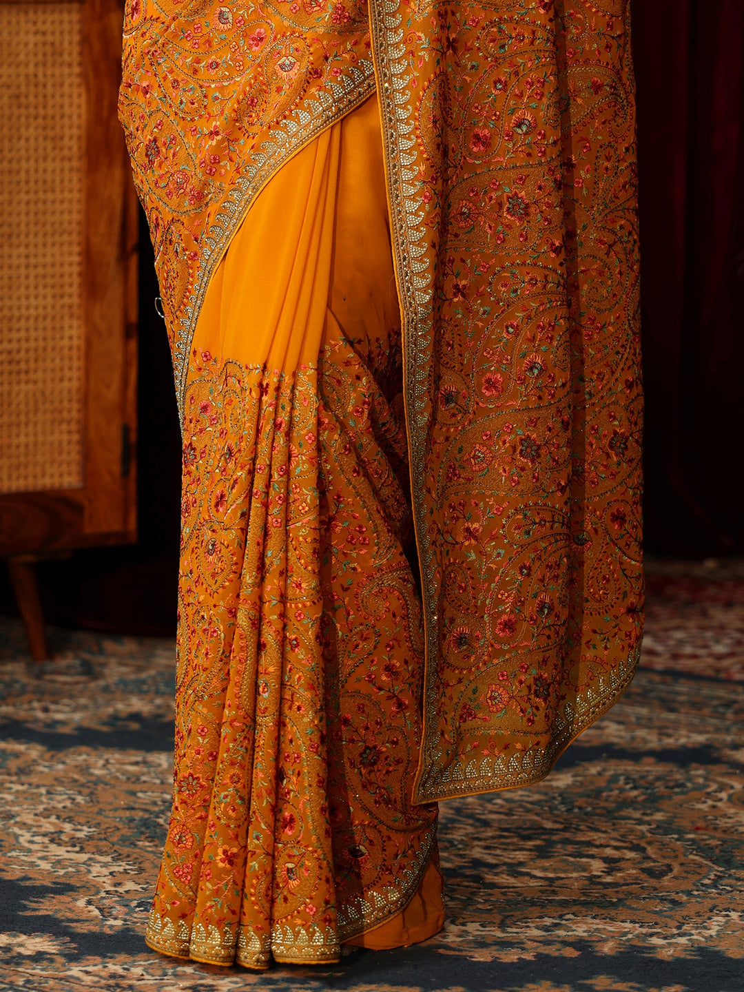 Libas Art Orange Paisley Embroidered Georgette Saree