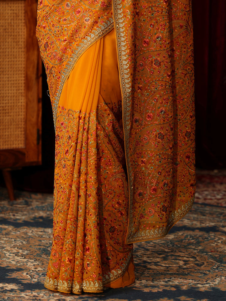 Libas Art Orange Paisley Embroidered Georgette Saree