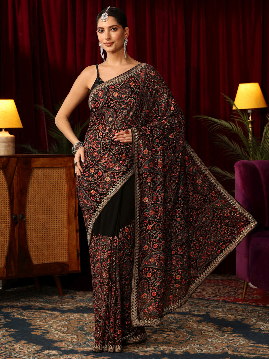 Libas Art Black Paisley Embroidered Georgette Saree