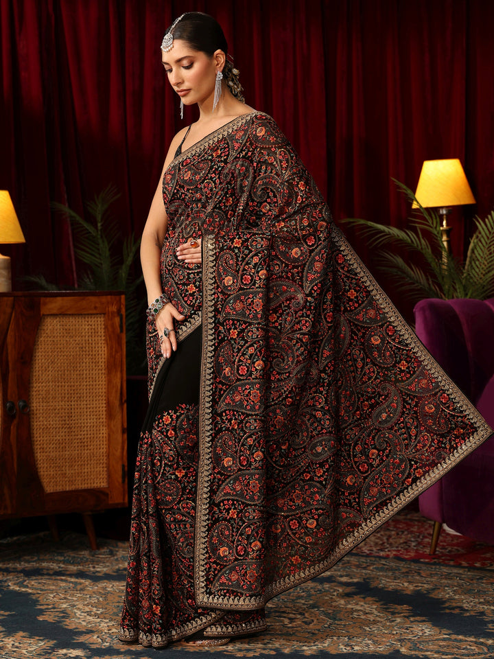 Libas Art Black Paisley Embroidered Georgette Saree