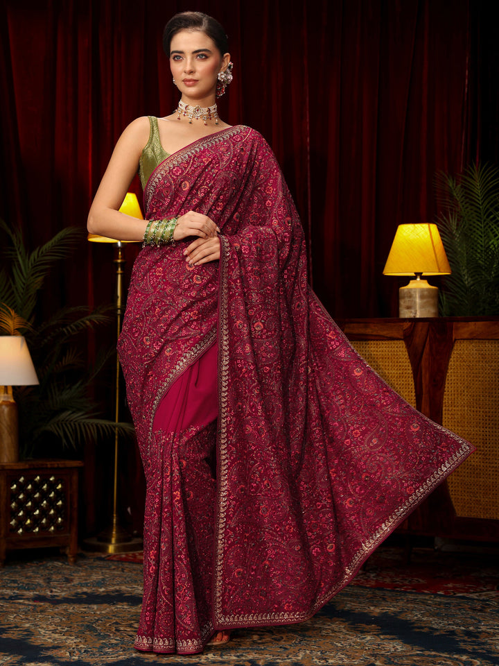 Libas Art Rani Pink Floral Embroidered Georgette Saree