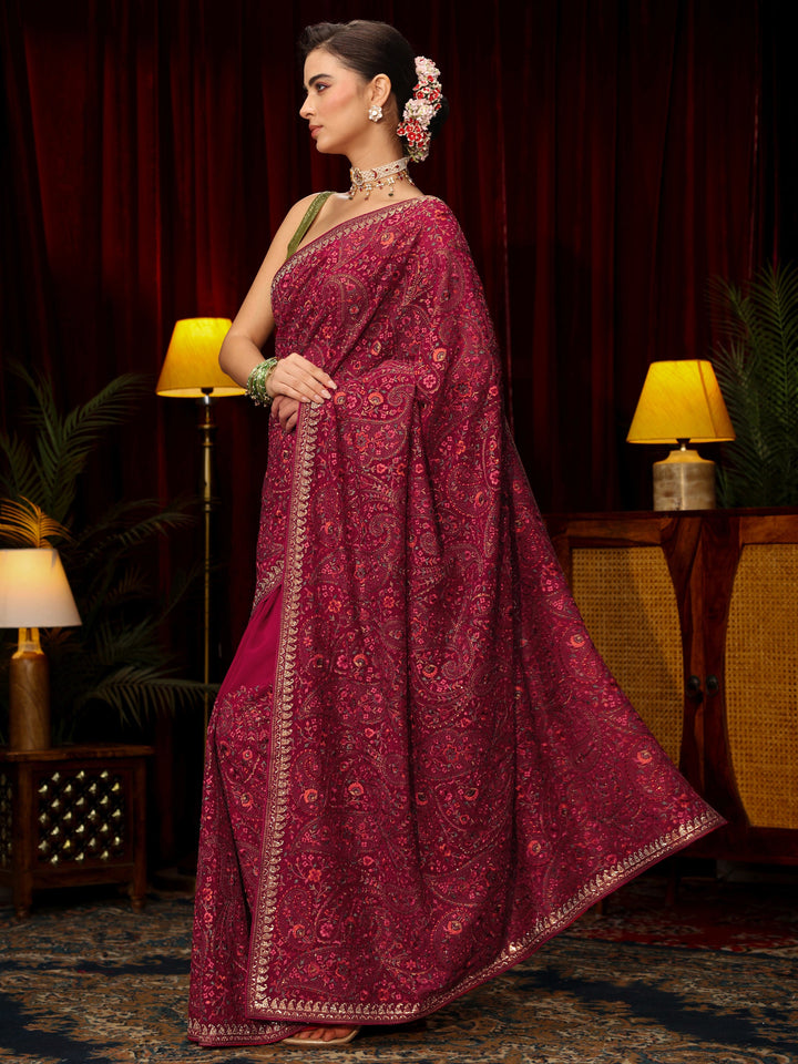 Libas Art Rani Pink Floral Embroidered Georgette Saree
