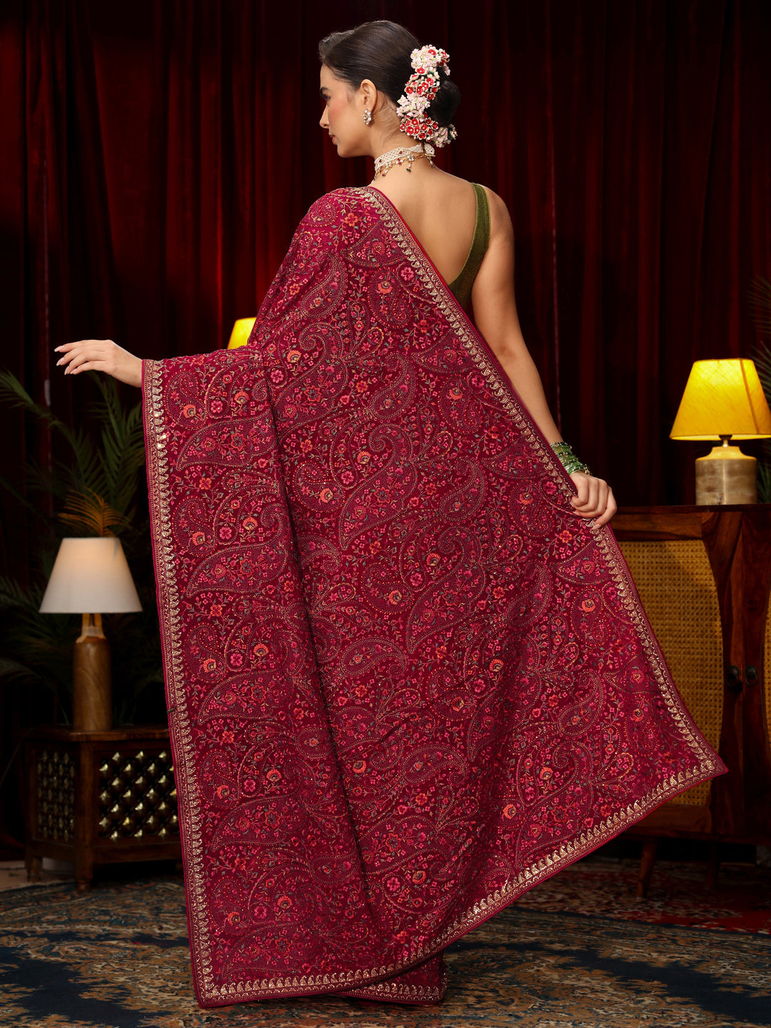 Libas Art Rani Pink Floral Embroidered Georgette Saree