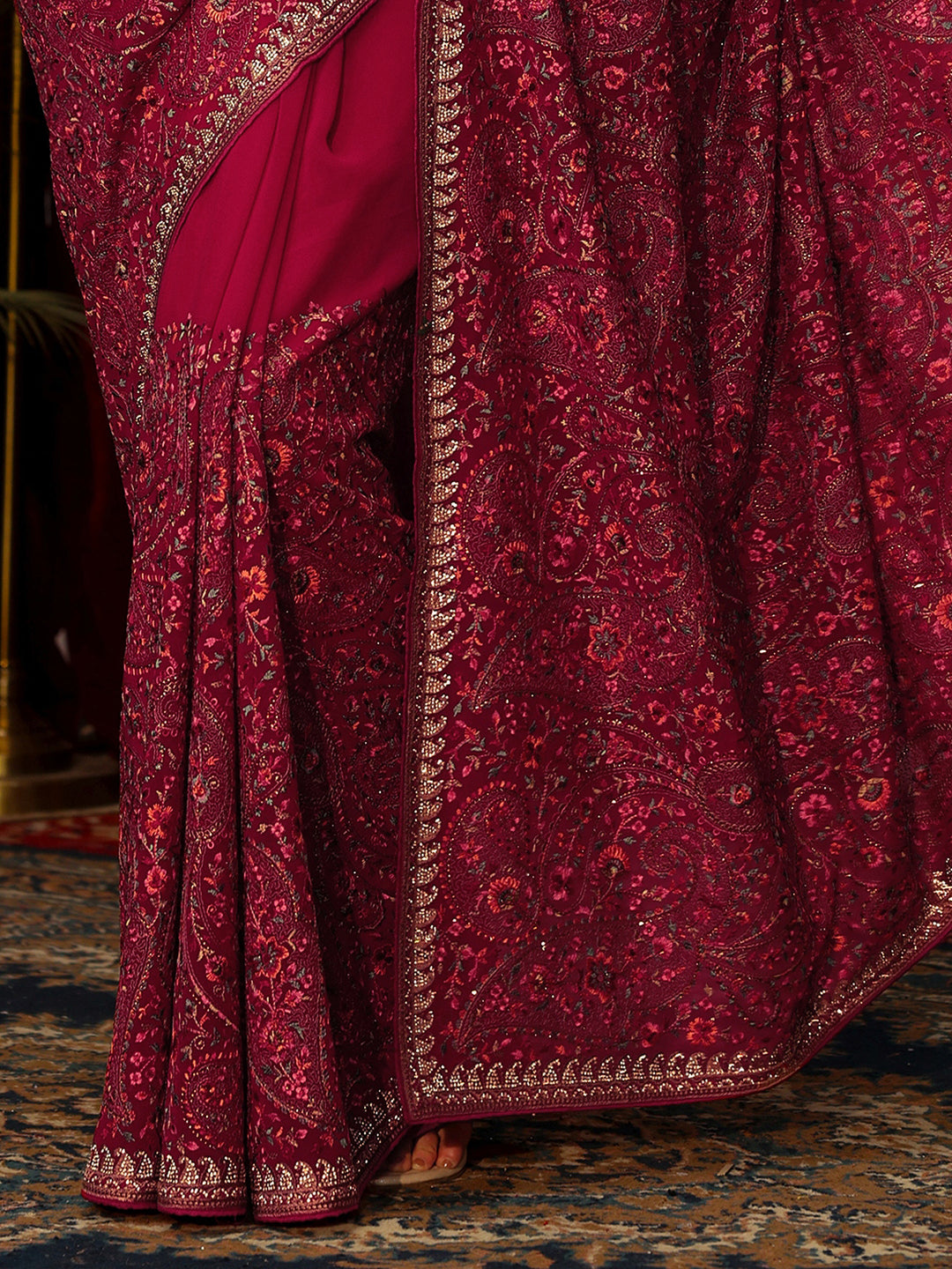 Libas Art Rani Pink Floral Embroidered Georgette Saree