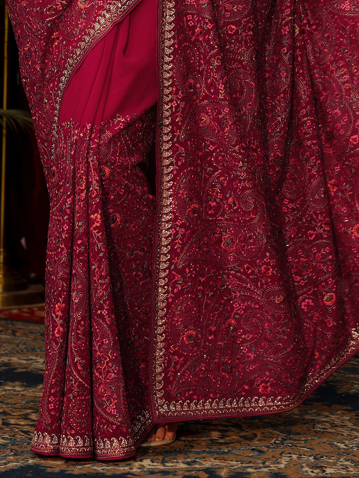 Libas Art Rani Pink Floral Embroidered Georgette Saree