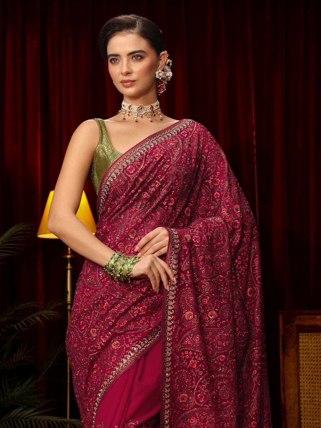 Libas Art Rani Pink Floral Embroidered Georgette Saree