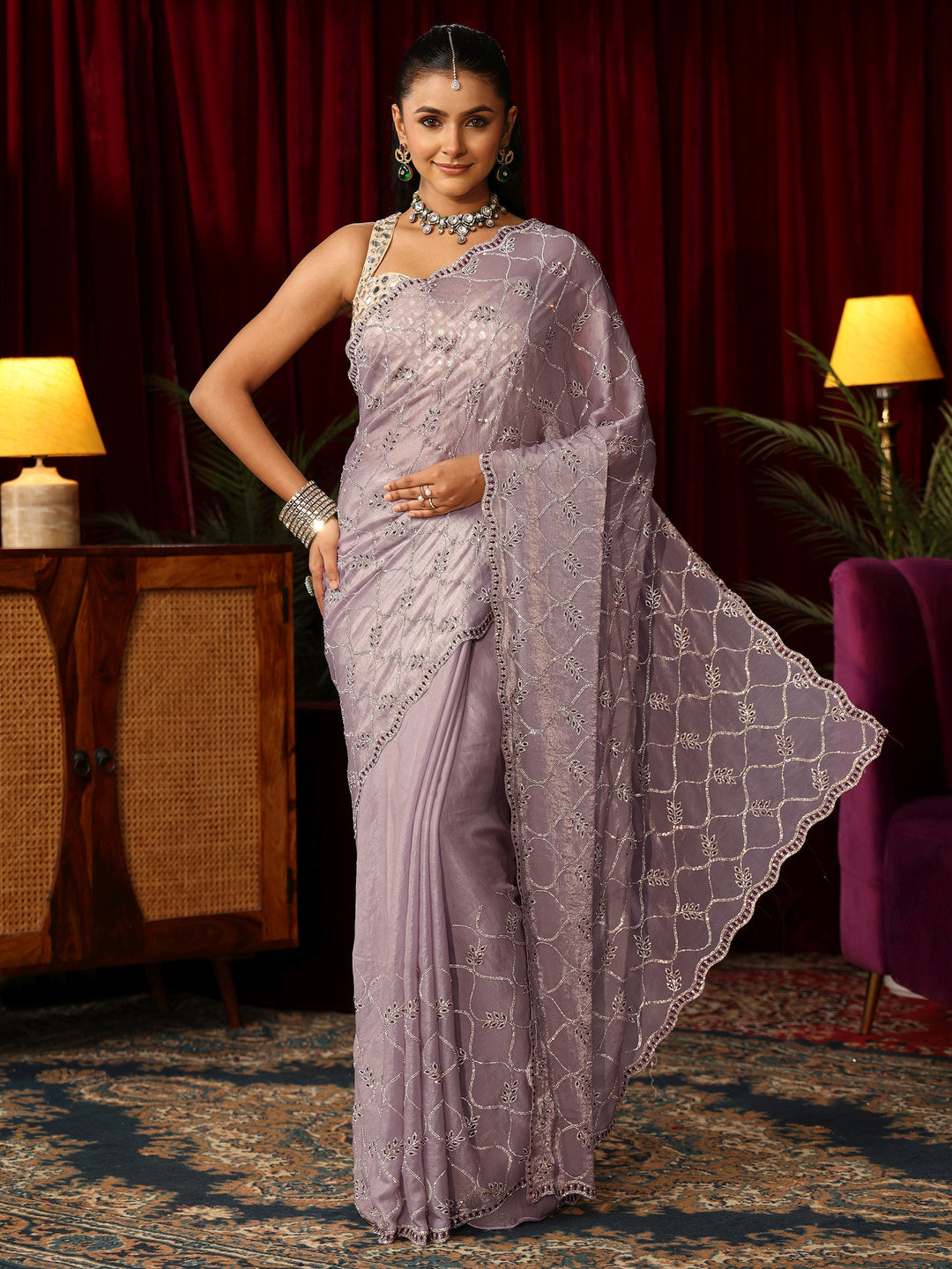 Libas Art Lavender Stone Work Embellished Jaal Pattern Tissue Saree