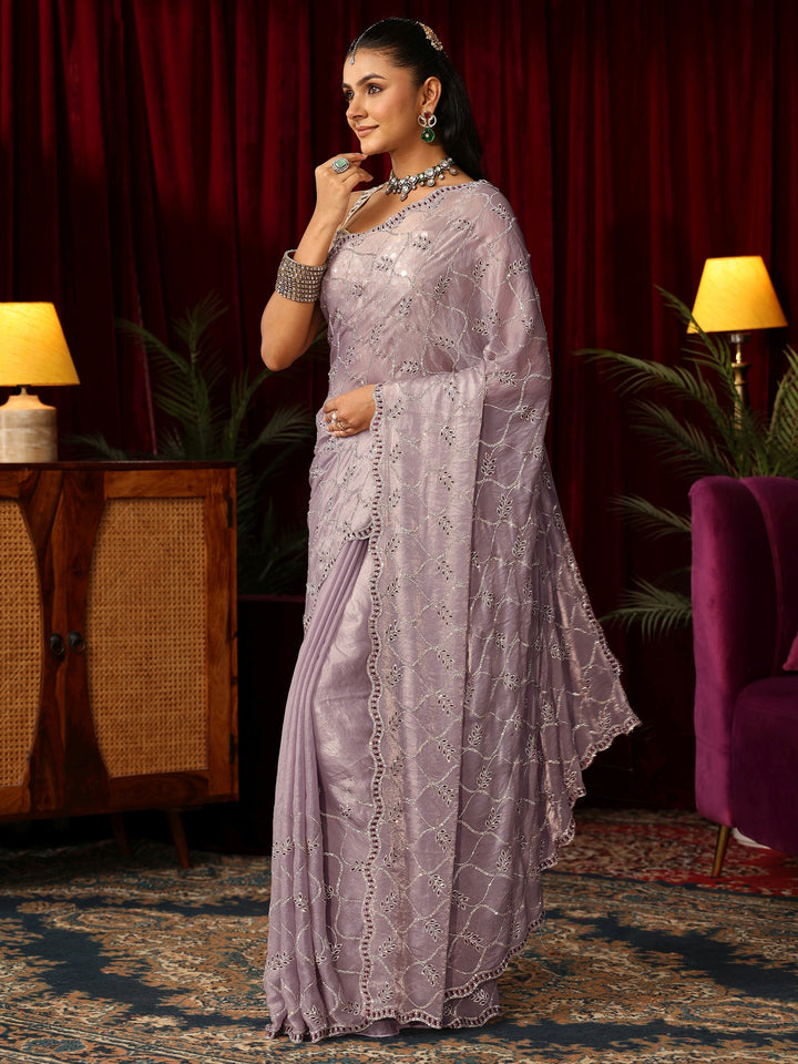 Libas Art Lavender Stone Work Embellished Jaal Pattern Tissue Saree