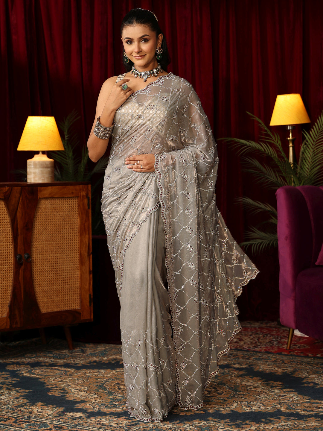 Libas Art Ash Grey Stone Work Embellished Jaal Pattern Tissue Saree