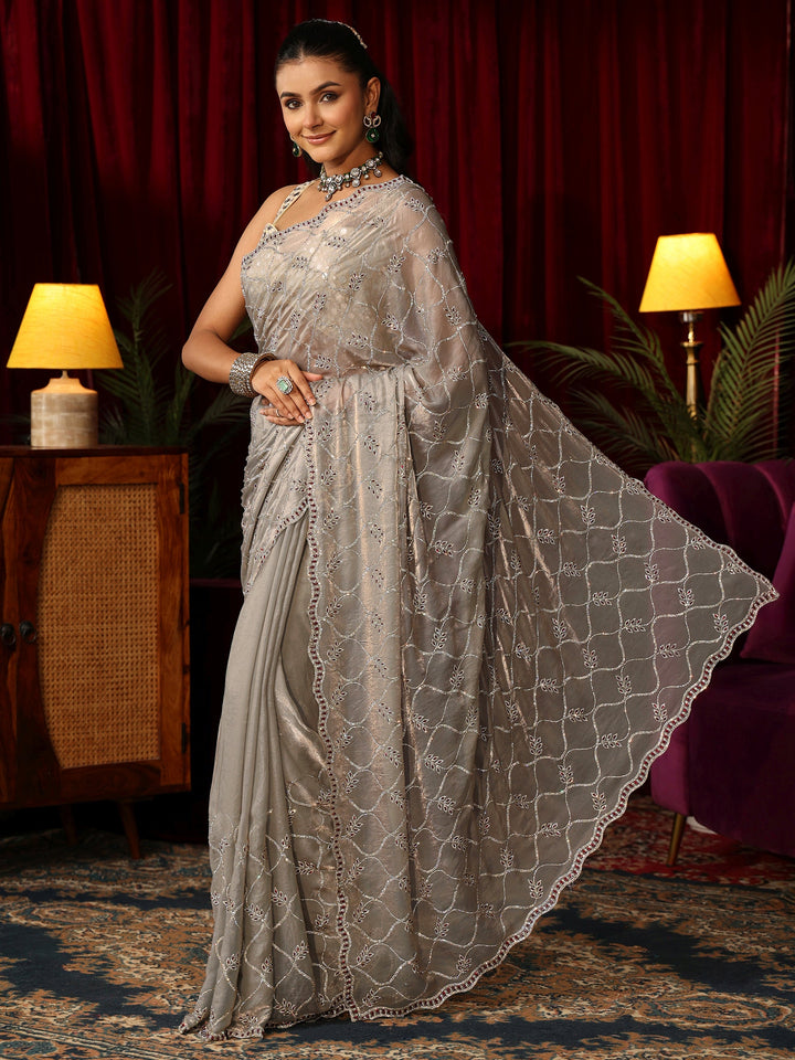 Libas Art Ash Grey Stone Work Embellished Jaal Pattern Tissue Saree