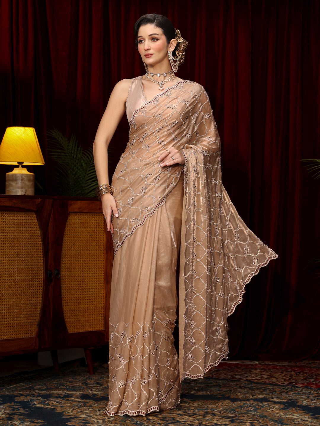 Libas Art Taupe Stone Work Embellished Tissue Saree