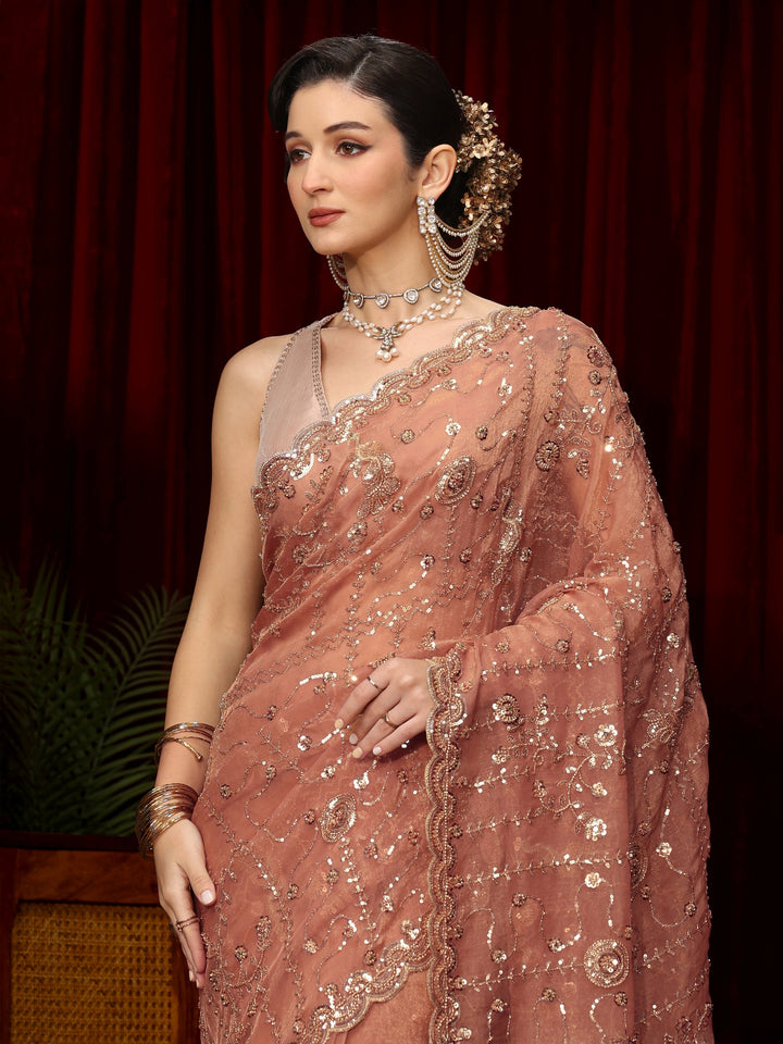 Libas Art Peach Pink Sequin Embellished Tissue Saree