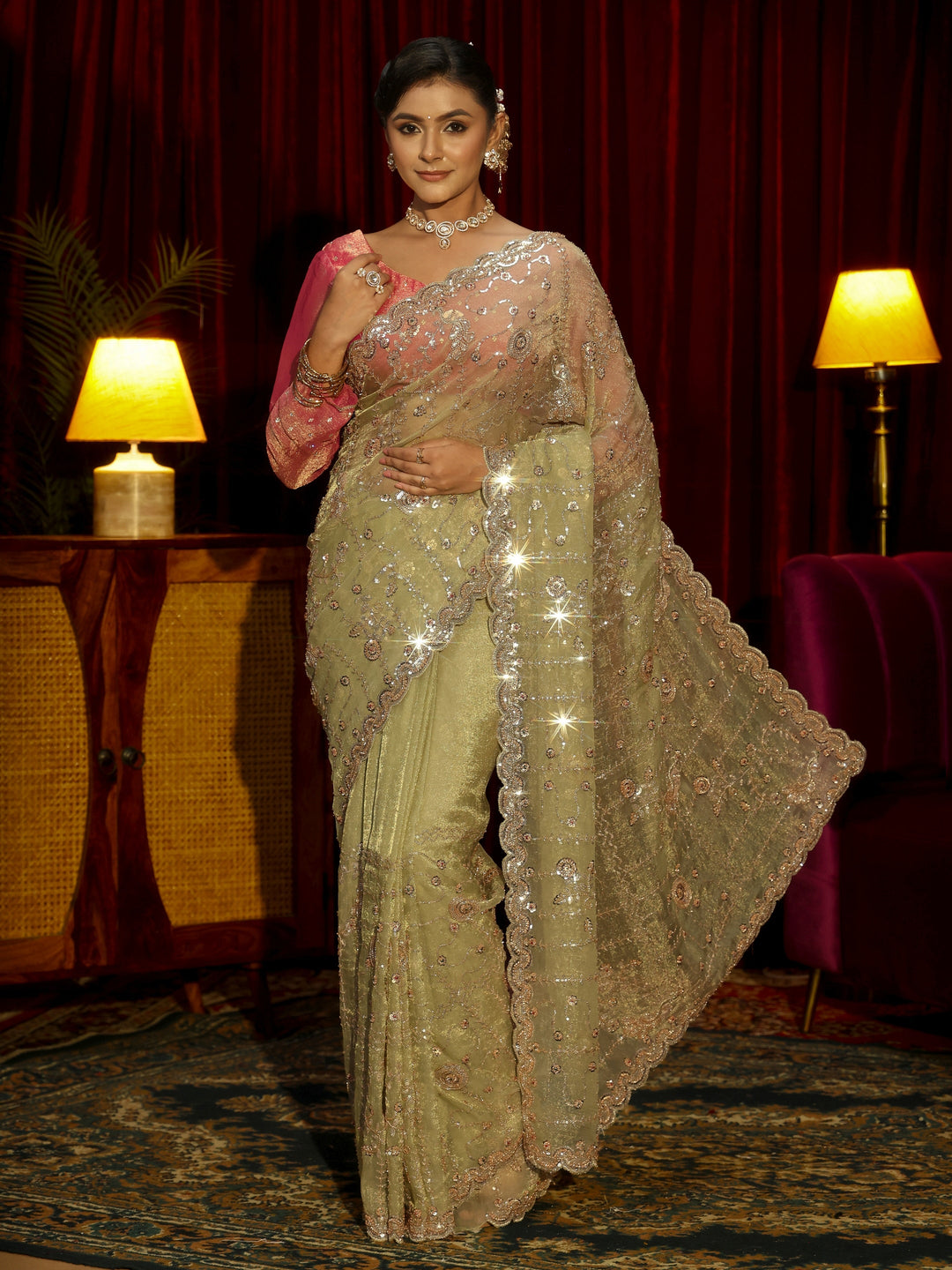 Libas Art Sage Green Embellished Tissue Saree