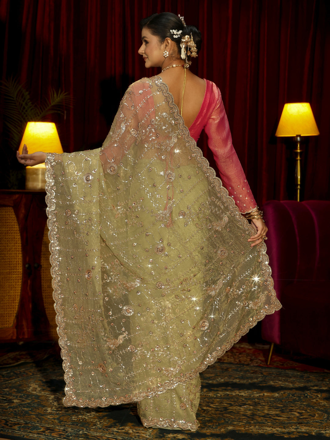 Libas Art Sage Green Embellished Tissue Saree
