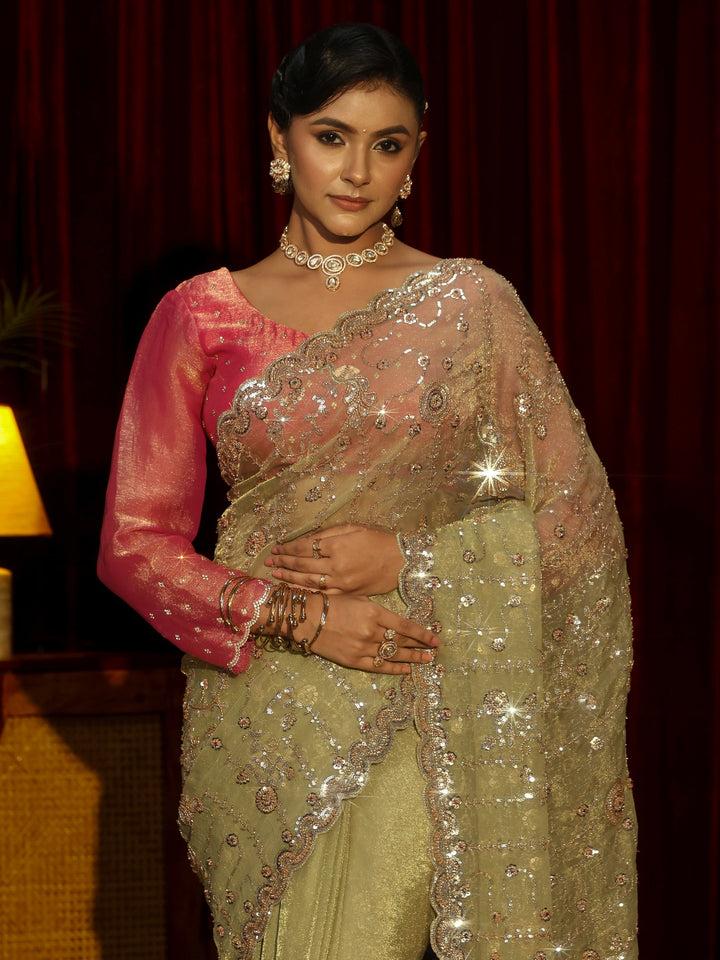 Libas Art Sage Green Embellished Tissue Saree