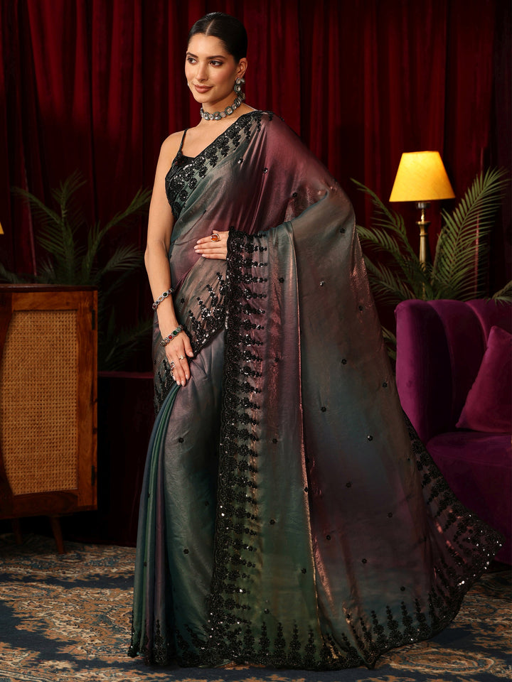 Libas Art Ombre Peacock Blue Tissue Saree with Sequin Embellished Border