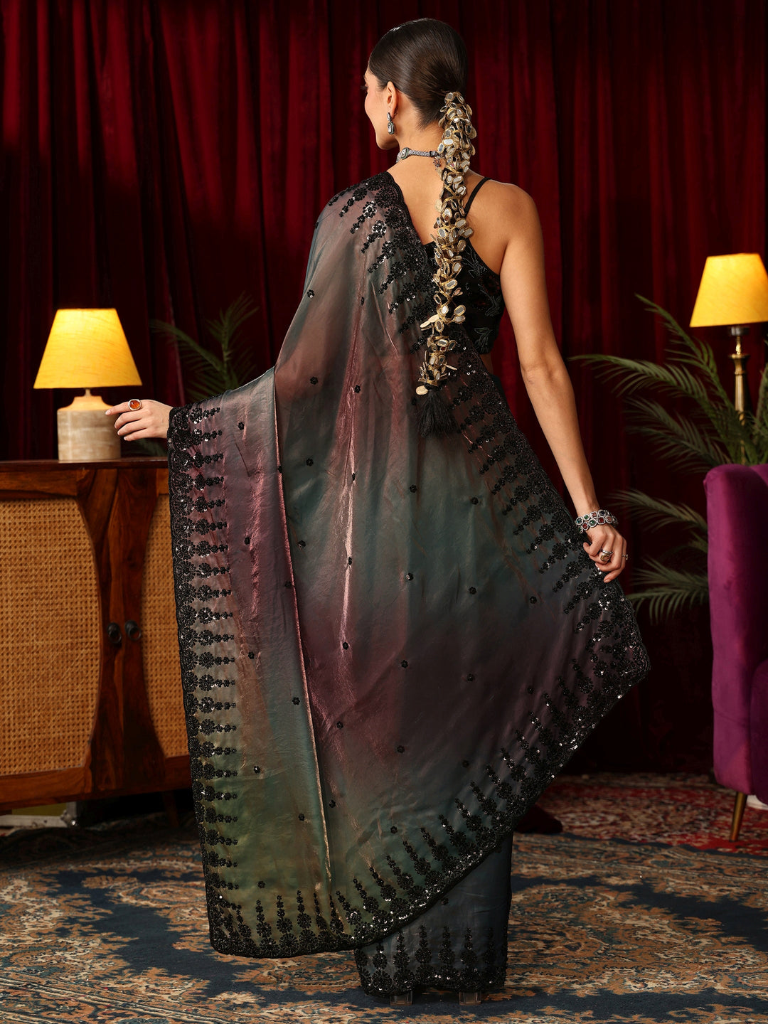 Libas Art Ombre Peacock Blue Tissue Saree with Sequin Embellished Border