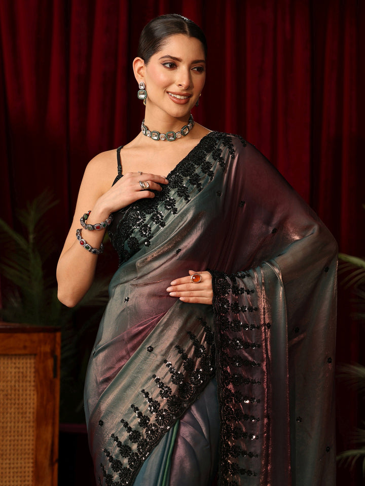 Libas Art Ombre Peacock Blue Tissue Saree with Sequin Embellished Border