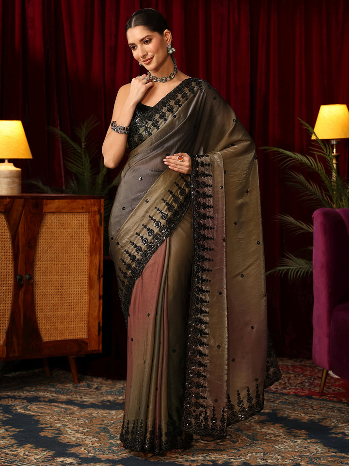 Libas Art Ombre Brown Tissue Saree with Sequin Embellished Border