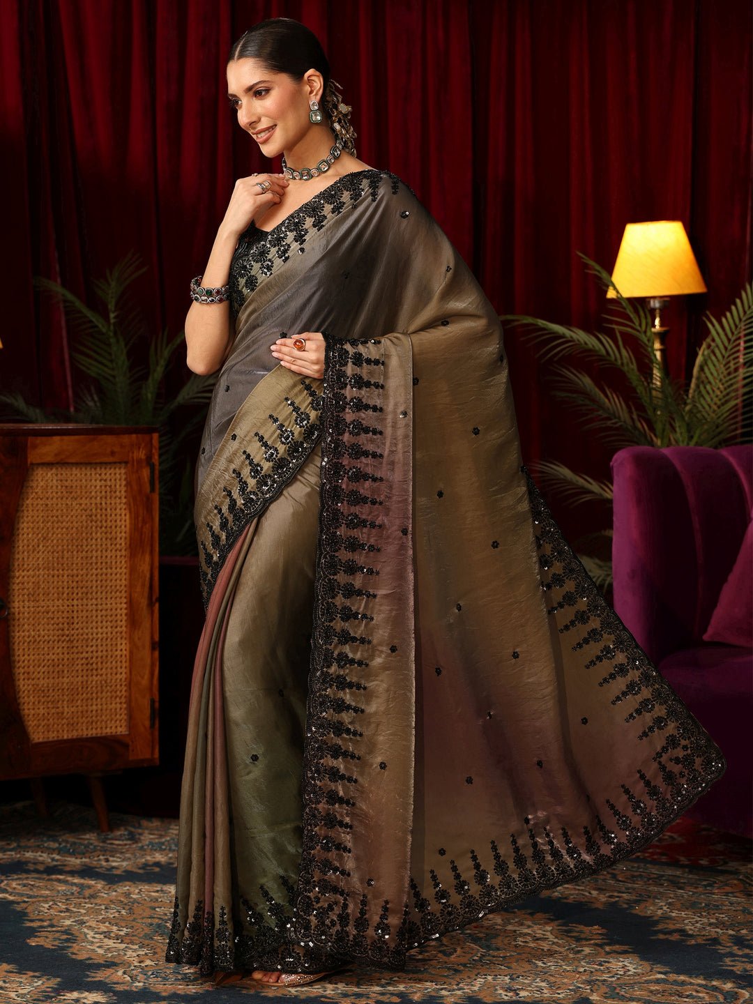 Libas Art Ombre Brown Tissue Saree with Sequin Embellished Border