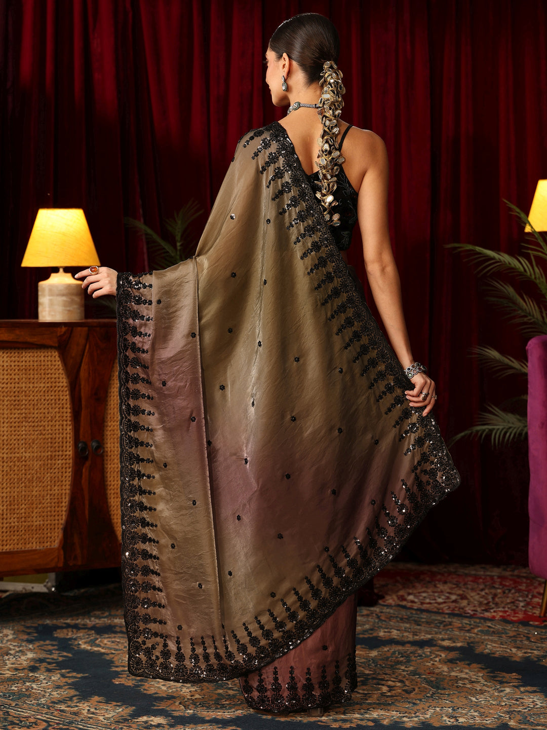 Libas Art Ombre Brown Tissue Saree with Sequin Embellished Border