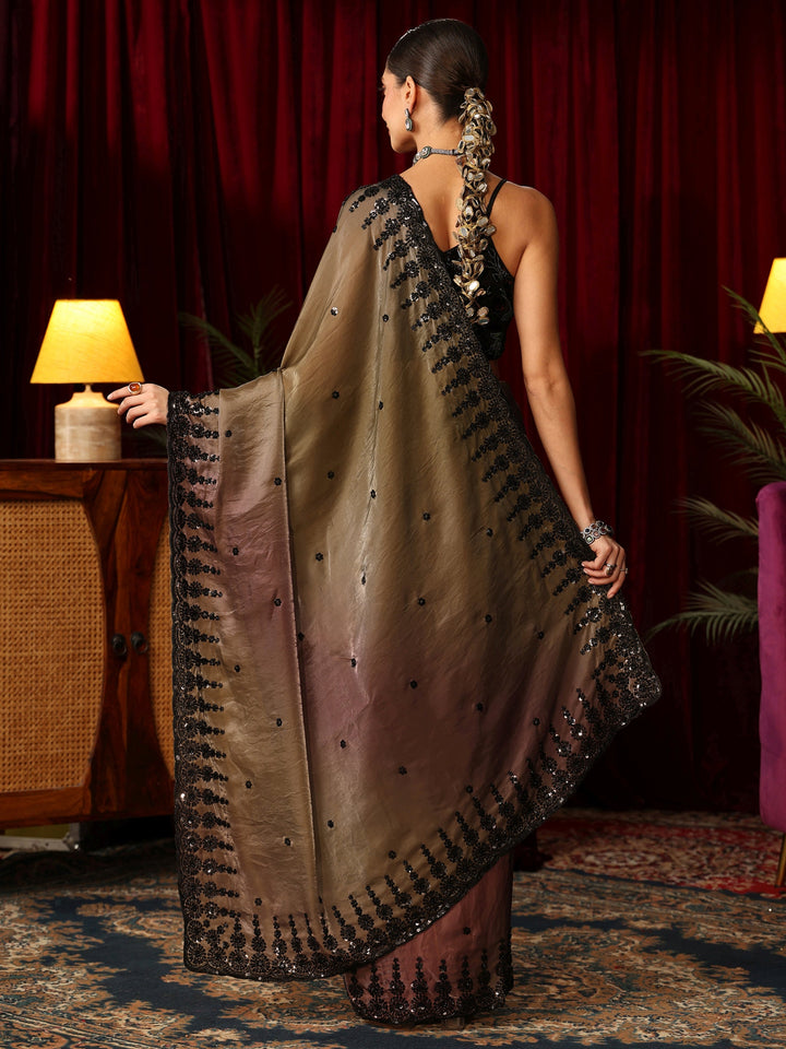 Libas Art Ombre Brown Tissue Saree with Sequin Embellished Border