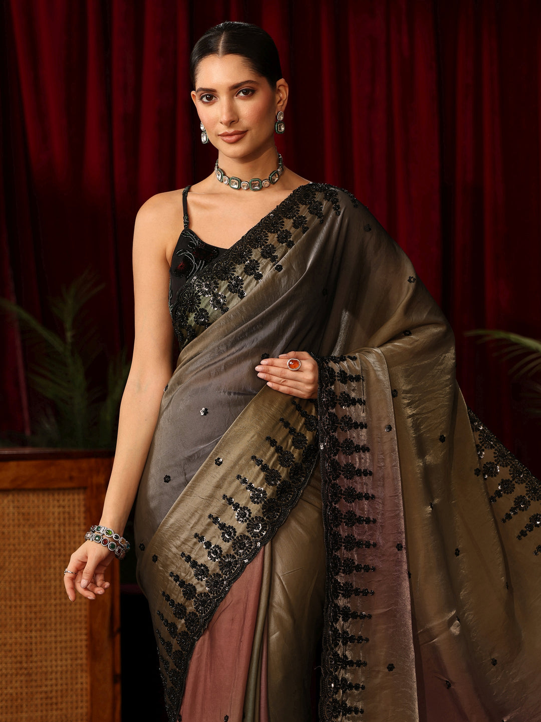 Libas Art Ombre Brown Tissue Saree with Sequin Embellished Border