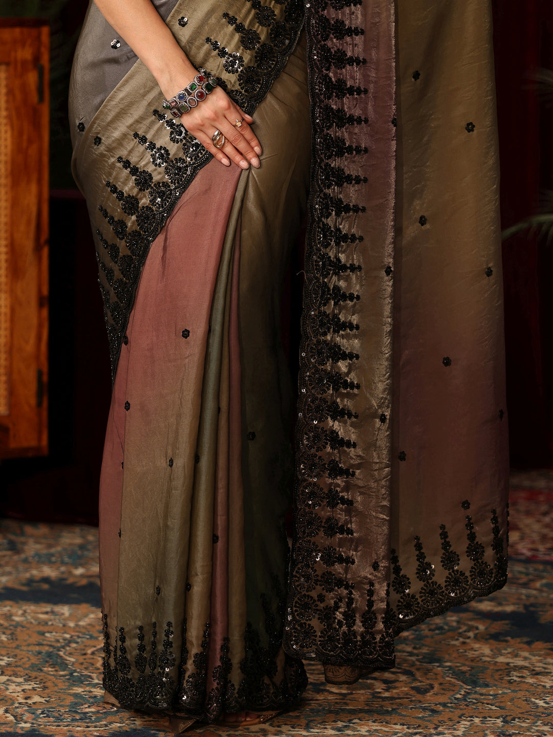 Libas Art Ombre Brown Tissue Saree with Sequin Embellished Border