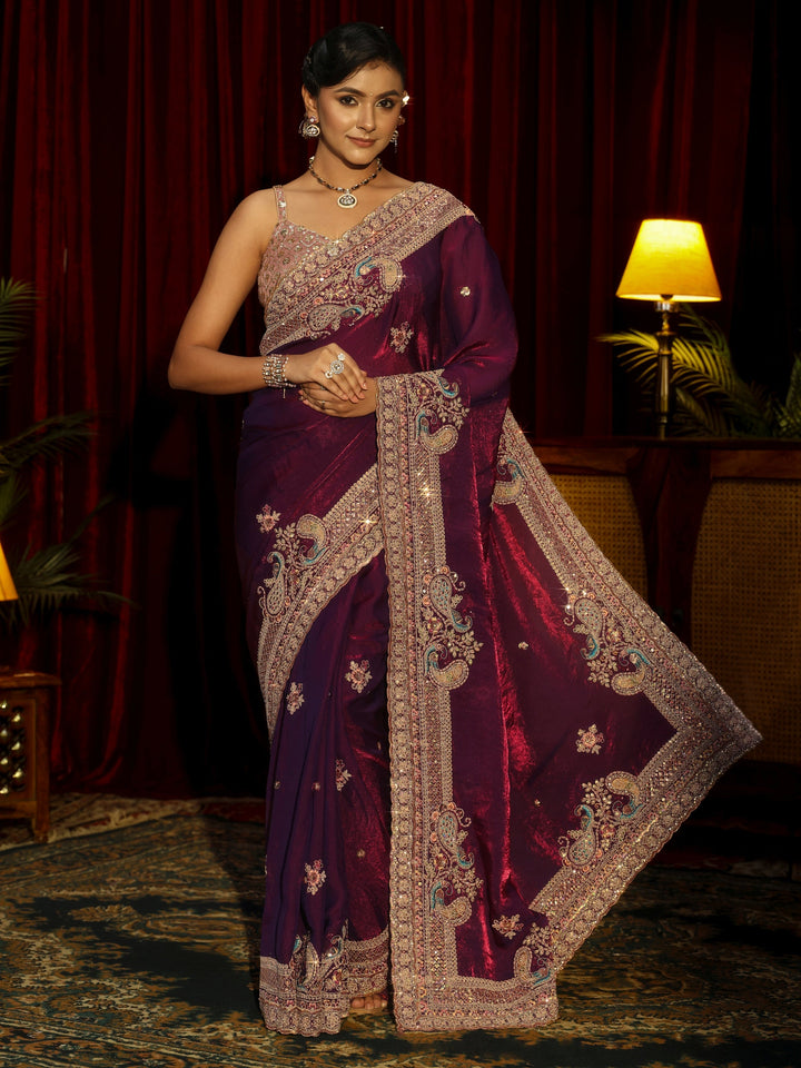 Libas Art Burgundy Sequin Tissue Saree with Embellished Border