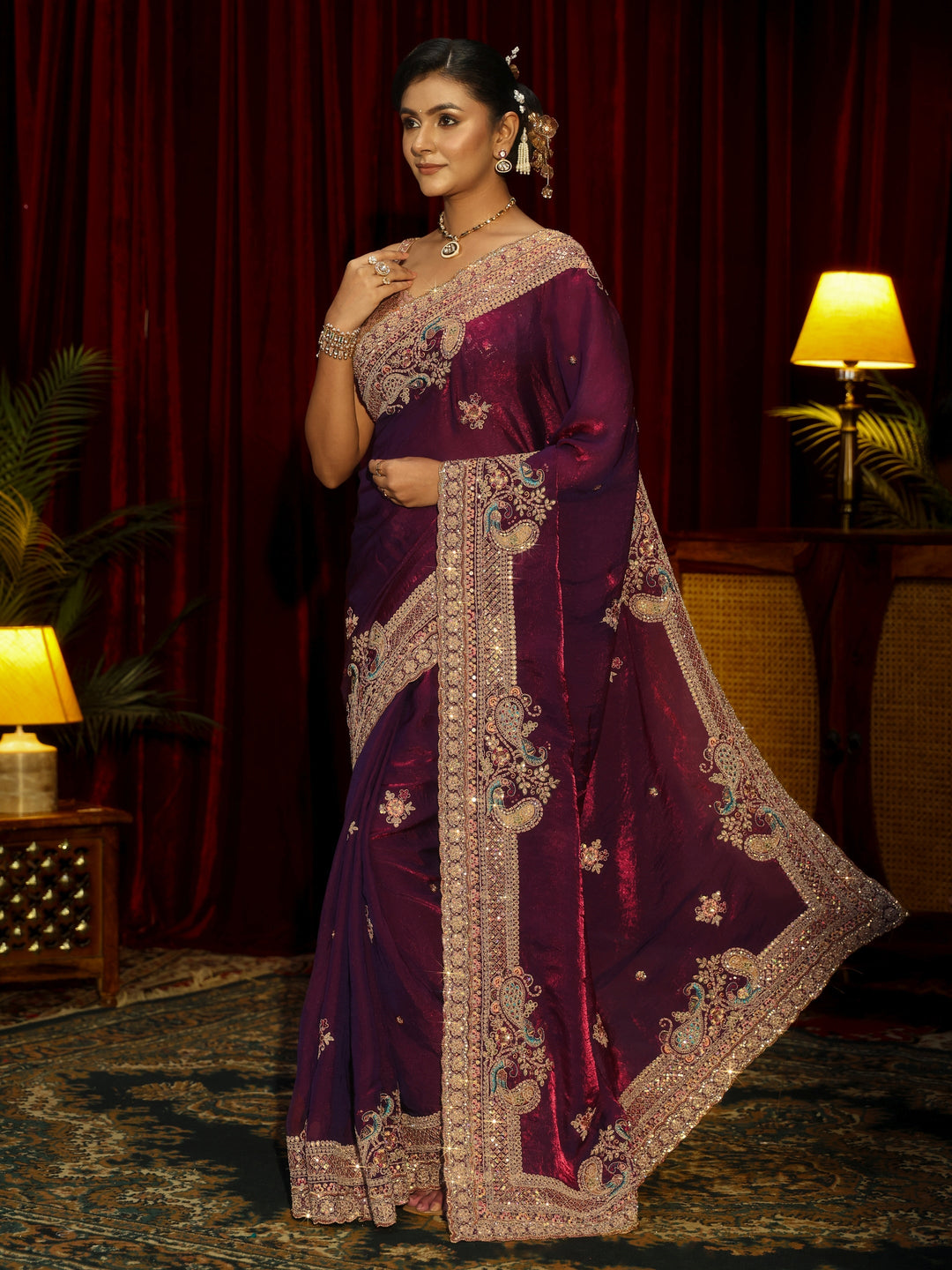 Libas Art Burgundy Sequin Tissue Saree with Embellished Border